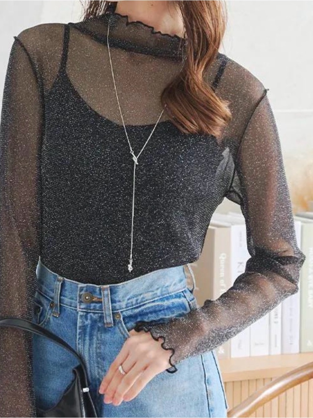 Brandy Melville “Rene” Glitter Mesh Top: Sheer Black Long Sleeve Mesh Top